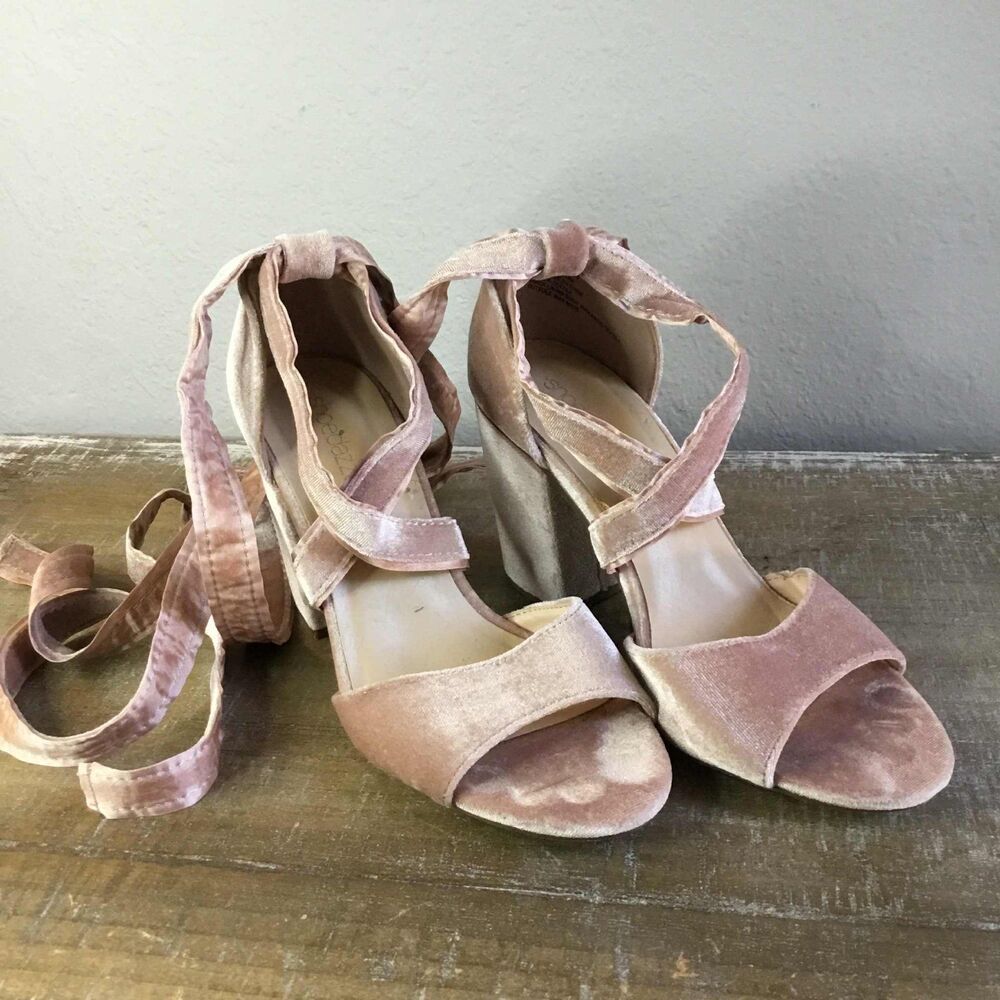 Crina Pink Velvet Balletcore Feminine Girly Lace Up Platform Chunky Heels Sz 7‎
